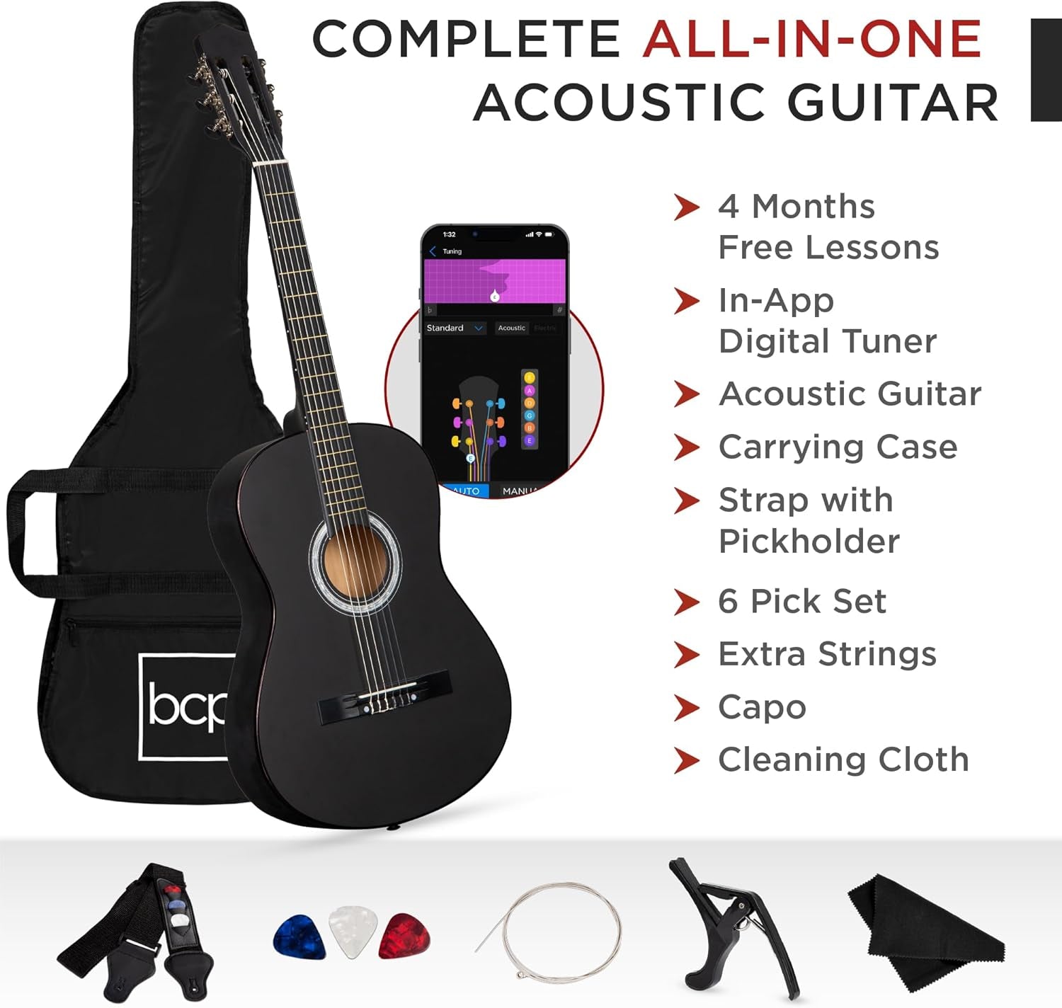 38In Beginner All Wood Acoustic Guitar Starter Kit W/Gig Bag, 6 Picks, Nylon Strings, Strap W/Pick Holder - Black