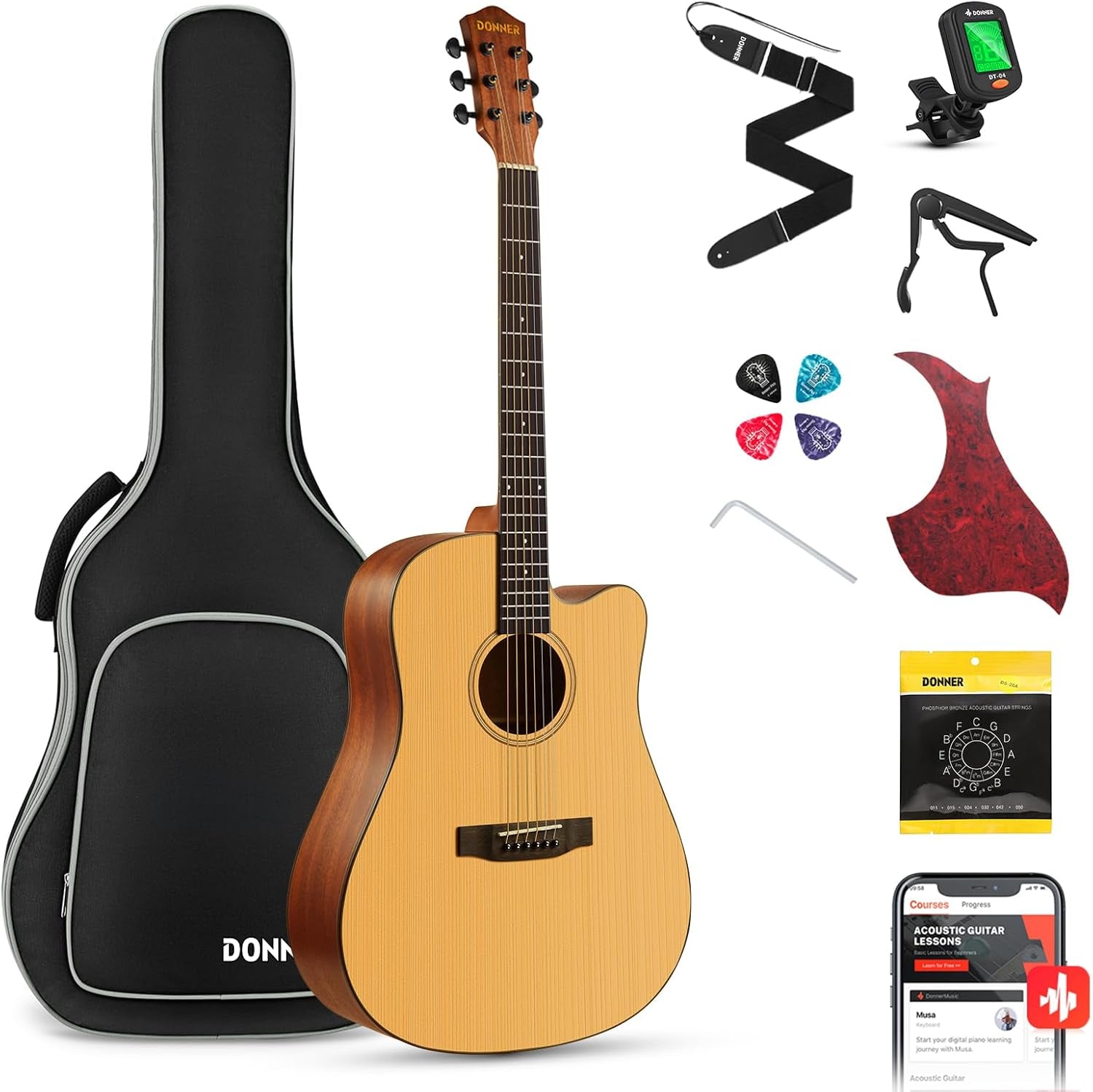 41” Acoustic Guitar Bundle for Beginners Adults with Online Lesson, 4/4 Full Size Steel Acustica Guitarra with Gig Bag, Tuner, Strap, Strings, Picks, Capos, Cutaway, Natural, DAG-1C/DAD-110C