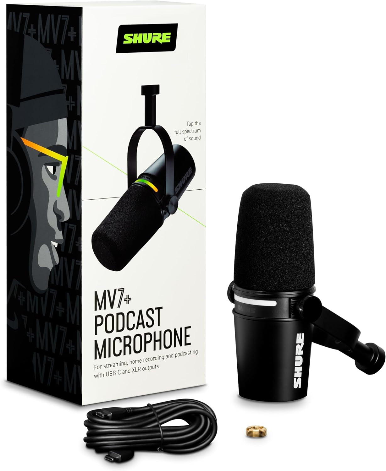 MV7+ Podcast Dynamic Microphone. OBS Certified, Enhanced Audio, LED Touch Panel, USB-C & XLR Outputs, Auto Level Mode, Digital Pop Filter, Reverb Effects, Podcasting, Streaming, Recording -Black