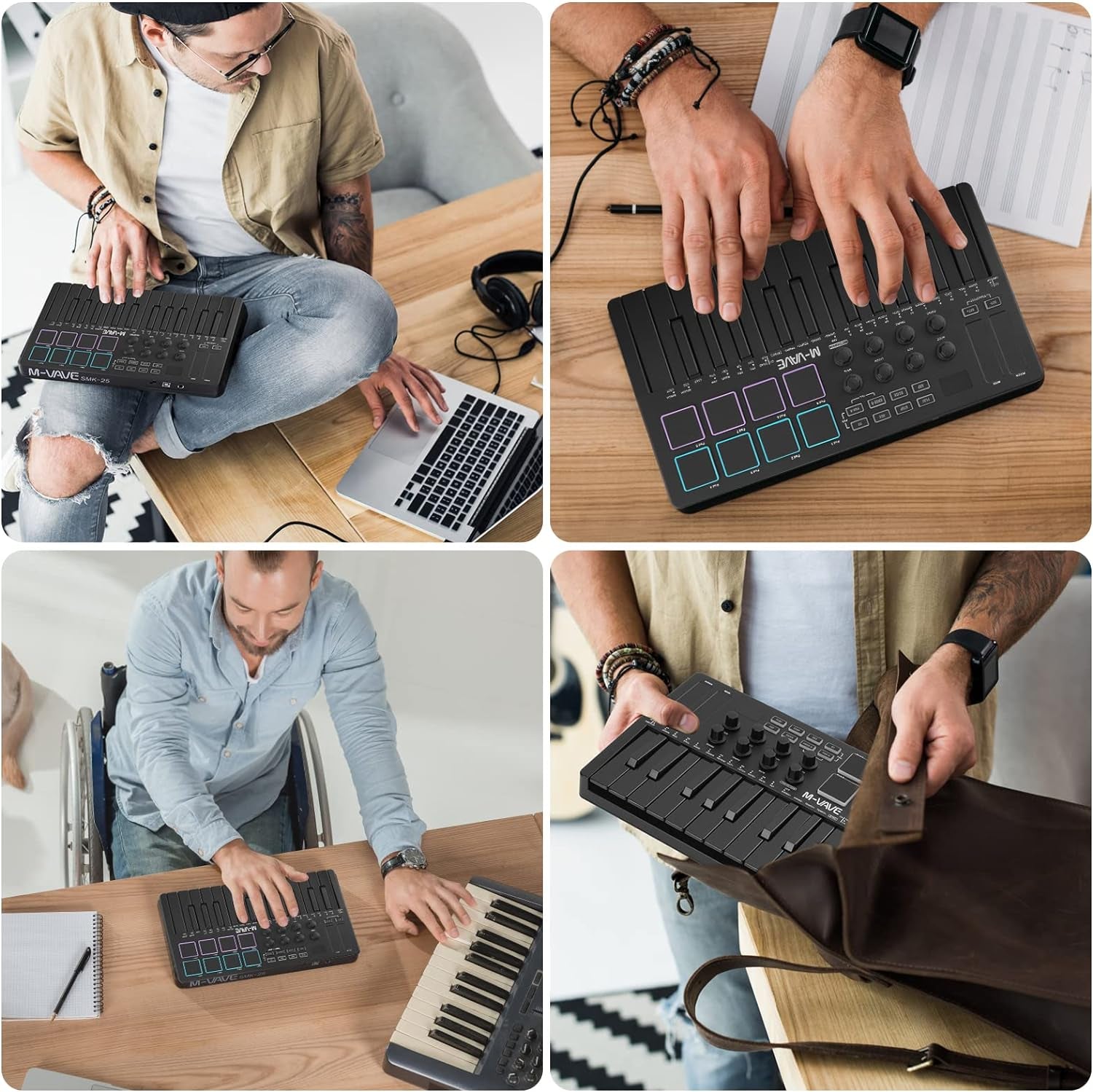 M-VAVE 25 Key USB MIDI Keyboard Controller with 8 Backlit Drum Pads, Bluetooth Semi Weighted Professional Dynamic Keybed 8 Knobs and Music Production,Software Included (Black)