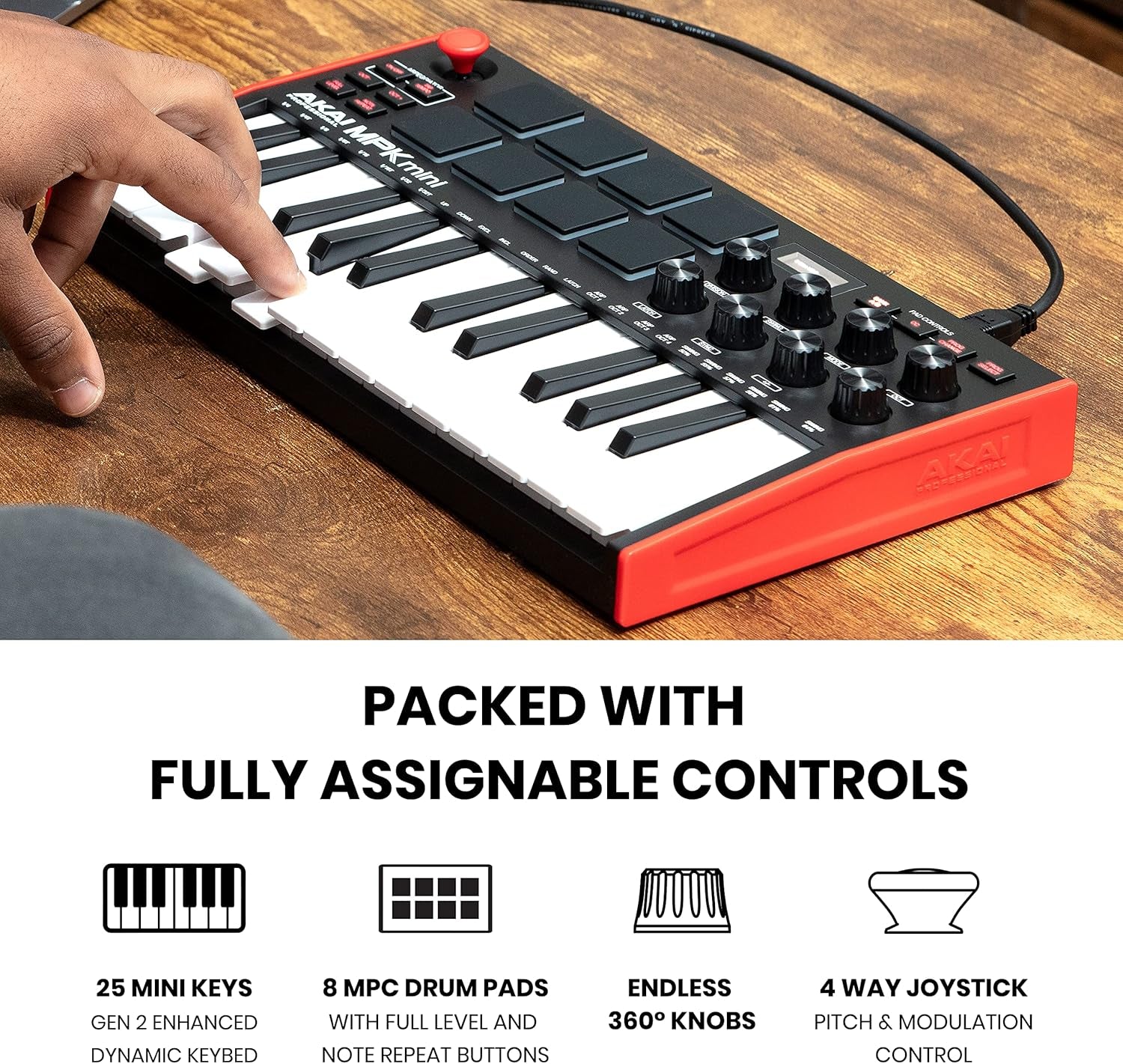 AKAI, 25 Key USB MIDI Keyboard Controller with 8 Drum Pads, 8 Assignable 360 Degree Knobs and Pro Software Suite Included, MPK Mini (MPKMINI3)
