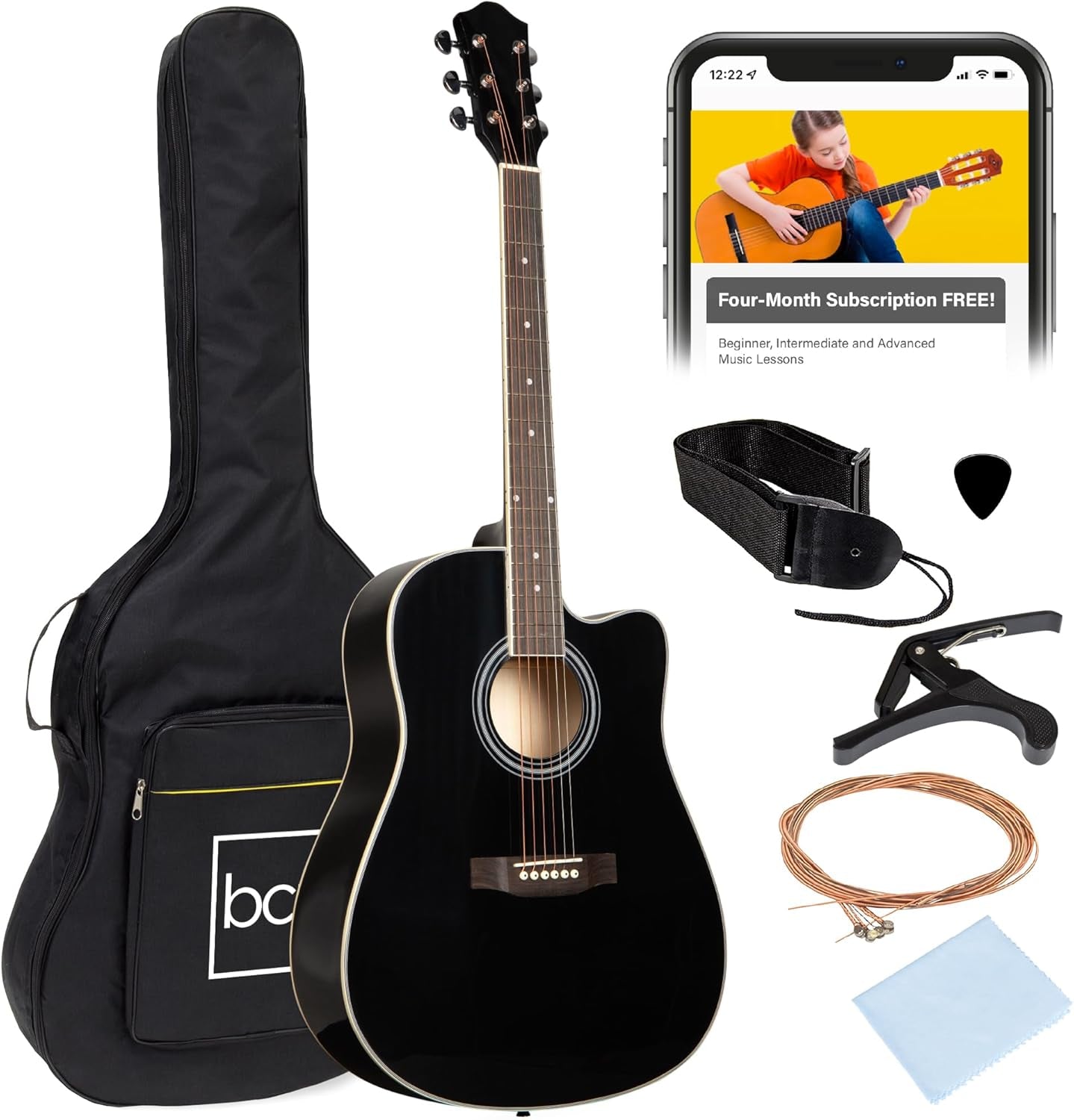 41In Beginner Acoustic Guitar Full Size All Wood Cutaway Guitar Starter Set W/Case, Strap, Capo, Strings, Picks - Black