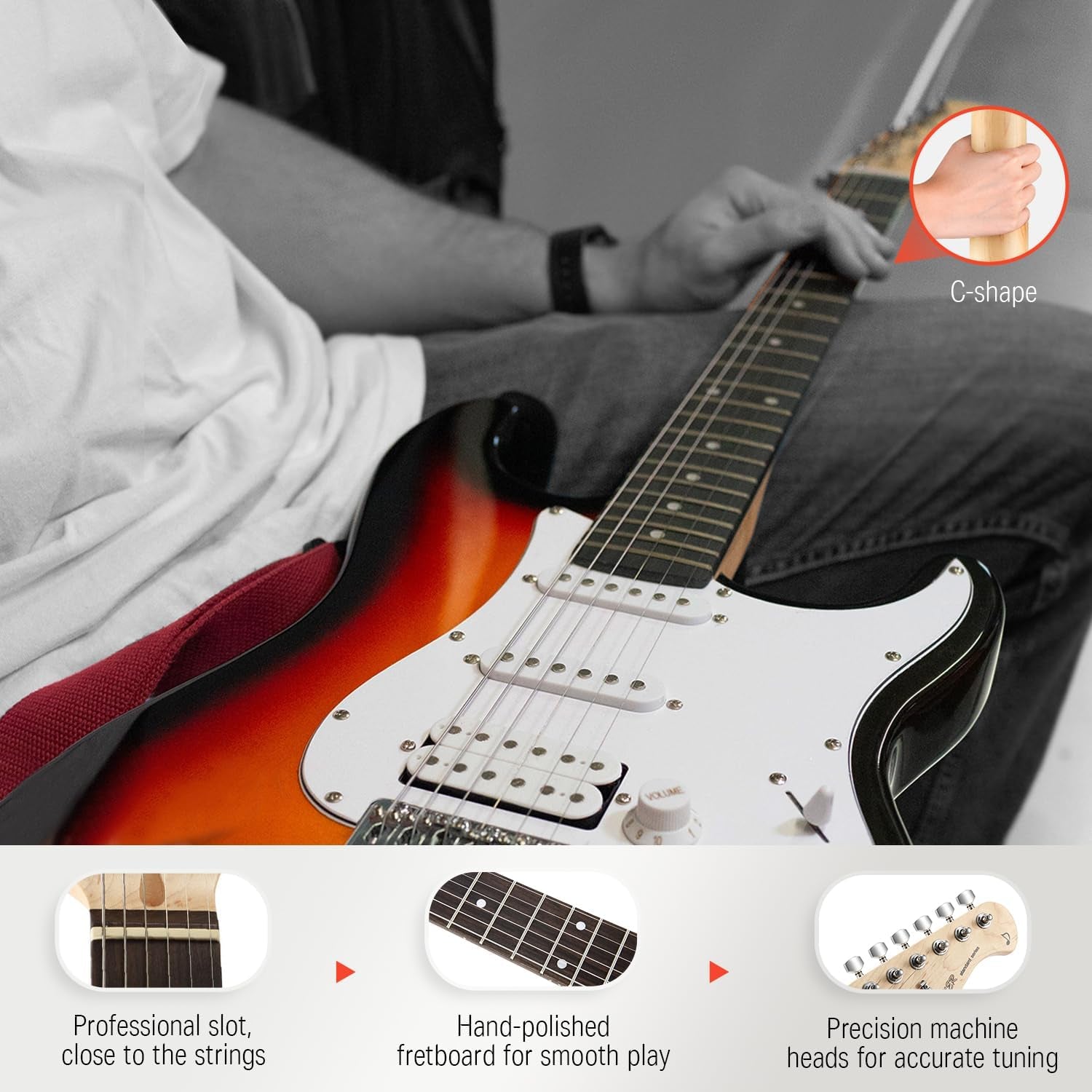 DST-100S 39 Inch Full Size Electric Guitar Kit Solid Body Sunburst, Beginner Starter, with Amplifier, Bag, Capo, Strap, String, Tuner, Cable, Picks