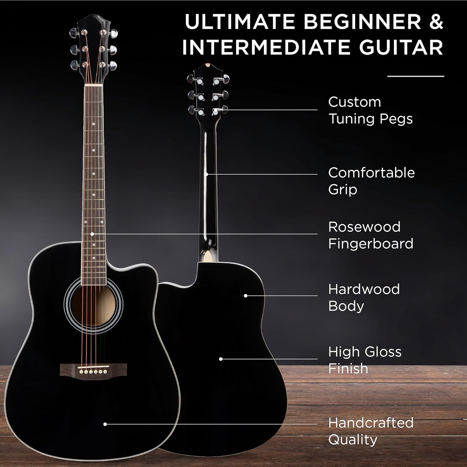 41In Beginner Acoustic Guitar Full Size All Wood Cutaway Guitar Starter Set W/Case, Strap, Capo, Strings, Picks - Black