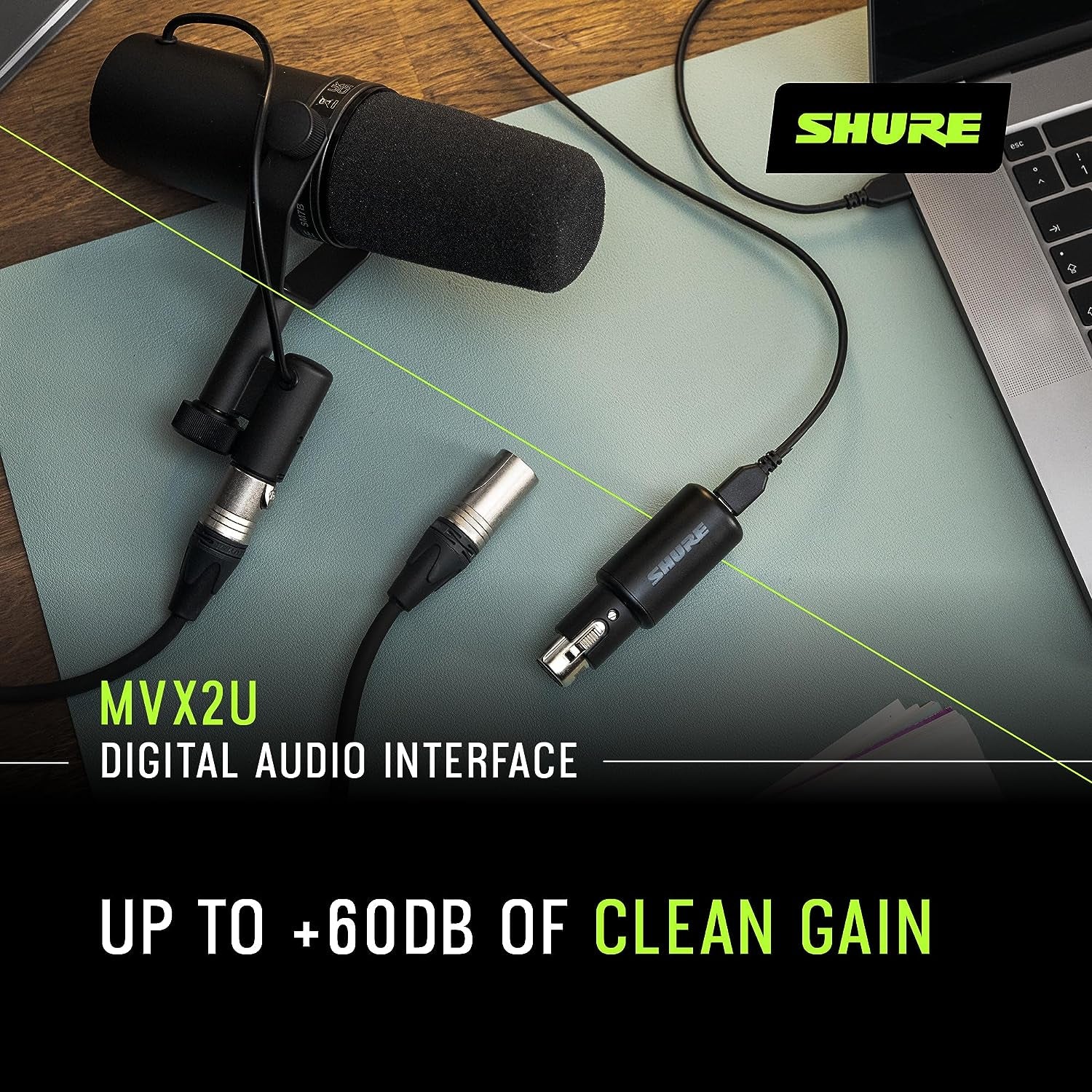 MVX2U Xlr-To-Usb Digital Interface with Headphone Jack, Integrated Pre-Amp with 60Db Gain Control, Zero-Latency Monitoring, 48V Phantom Power, plus Desktop App, 1M USB-C Cable