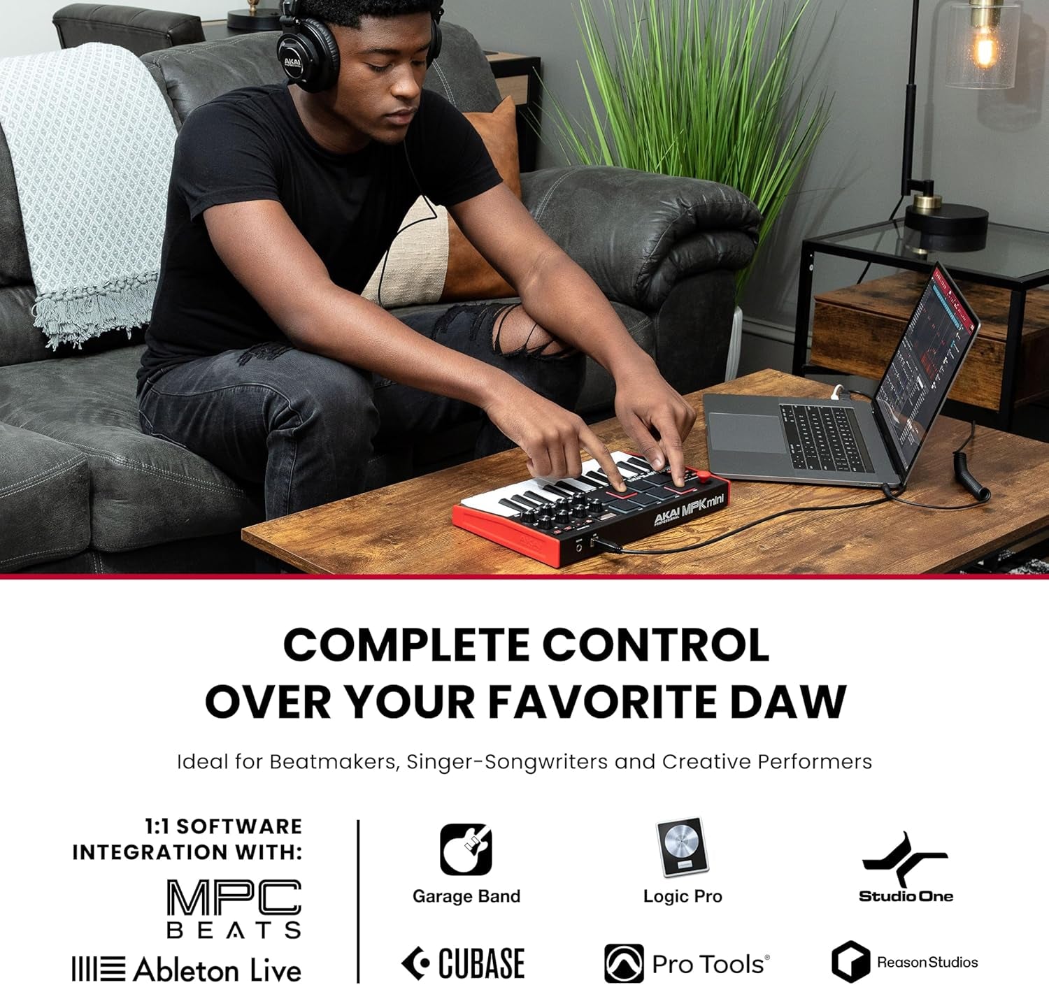 AKAI, 25 Key USB MIDI Keyboard Controller with 8 Drum Pads, 8 Assignable 360 Degree Knobs and Pro Software Suite Included, MPK Mini (MPKMINI3)