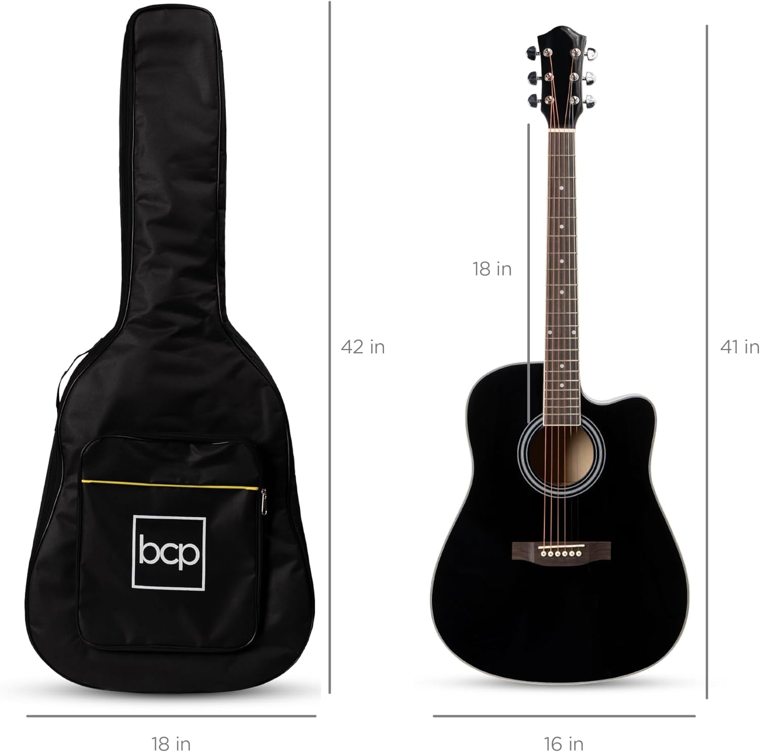 41In Beginner Acoustic Guitar Full Size All Wood Cutaway Guitar Starter Set W/Case, Strap, Capo, Strings, Picks - Black