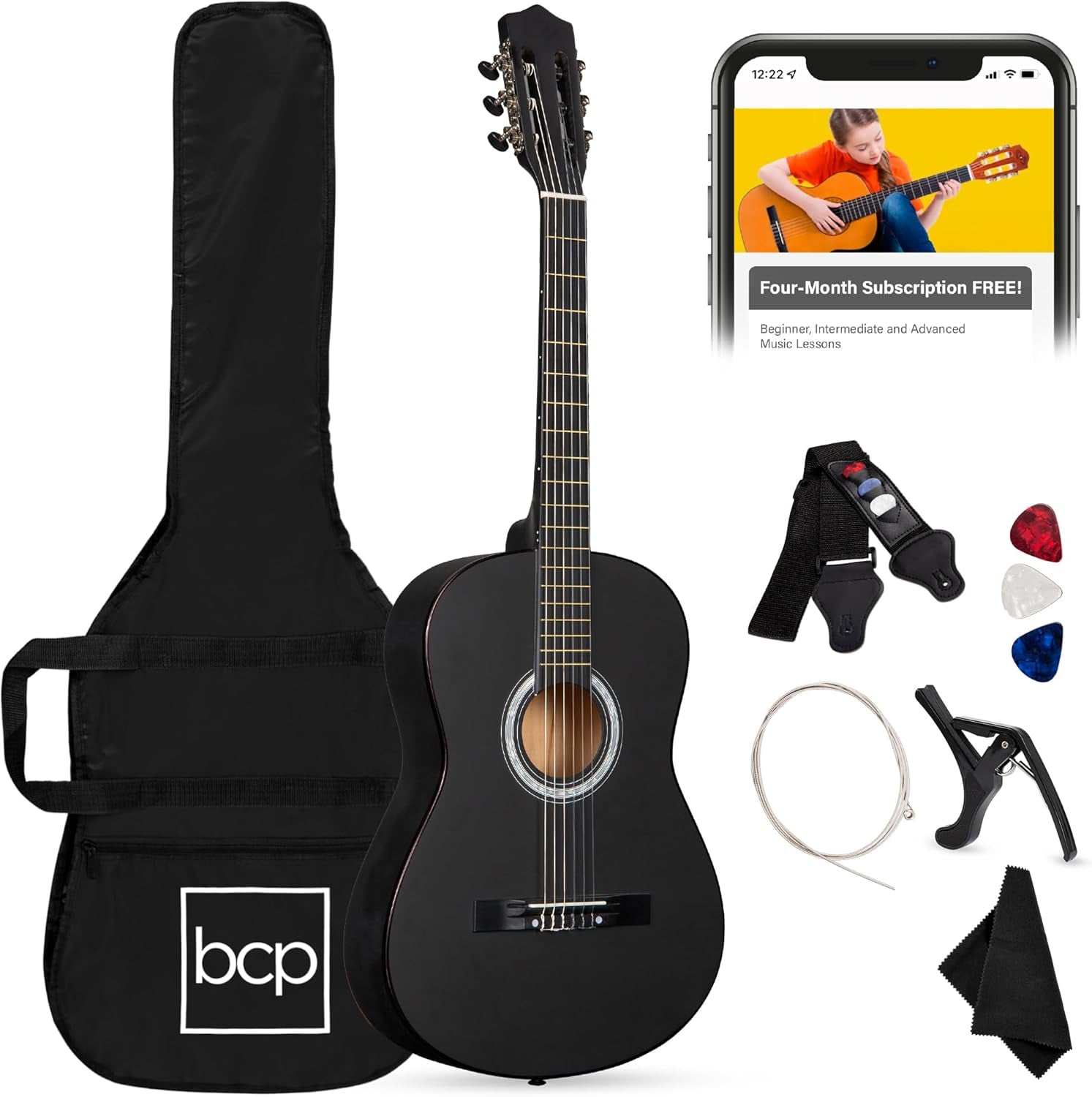 38In Beginner All Wood Acoustic Guitar Starter Kit W/Gig Bag, 6 Picks, Nylon Strings, Strap W/Pick Holder - Black