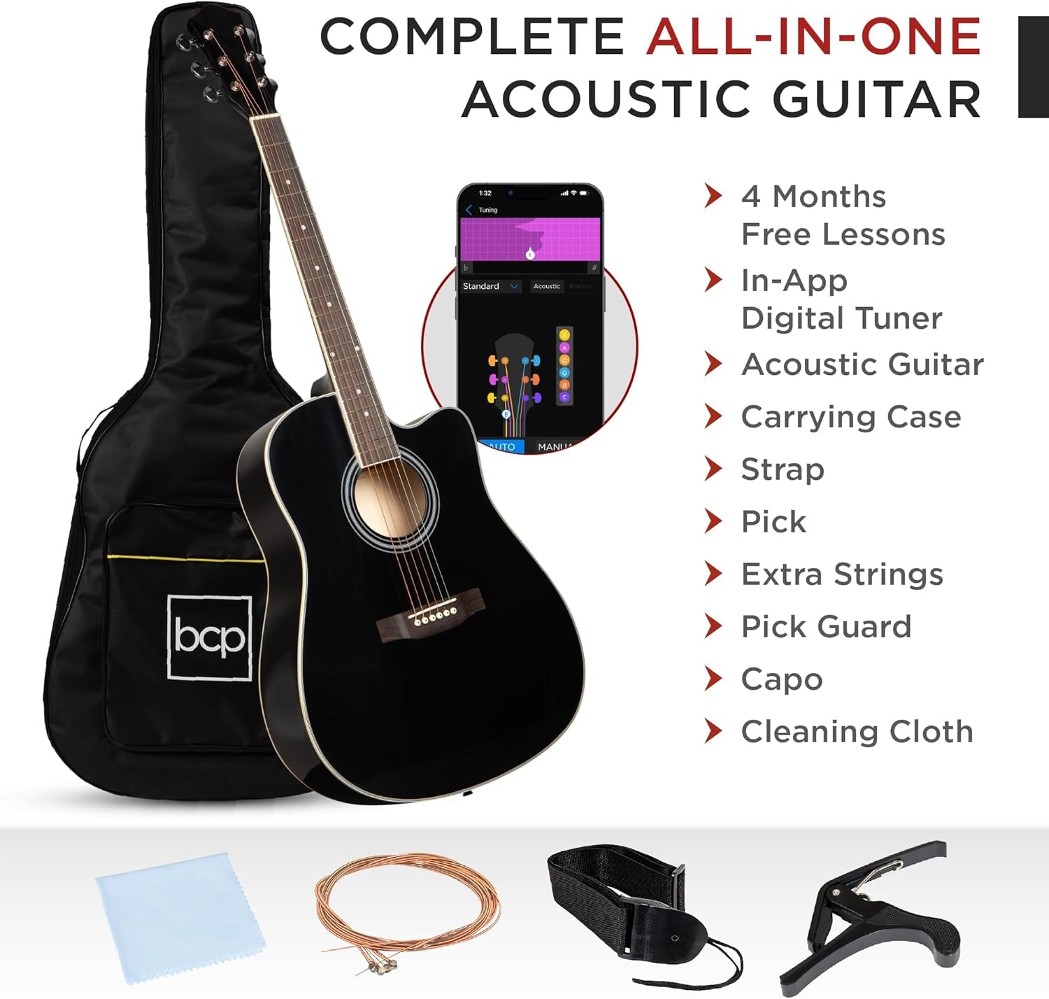 41In Beginner Acoustic Guitar Full Size All Wood Cutaway Guitar Starter Set W/Case, Strap, Capo, Strings, Picks - Black