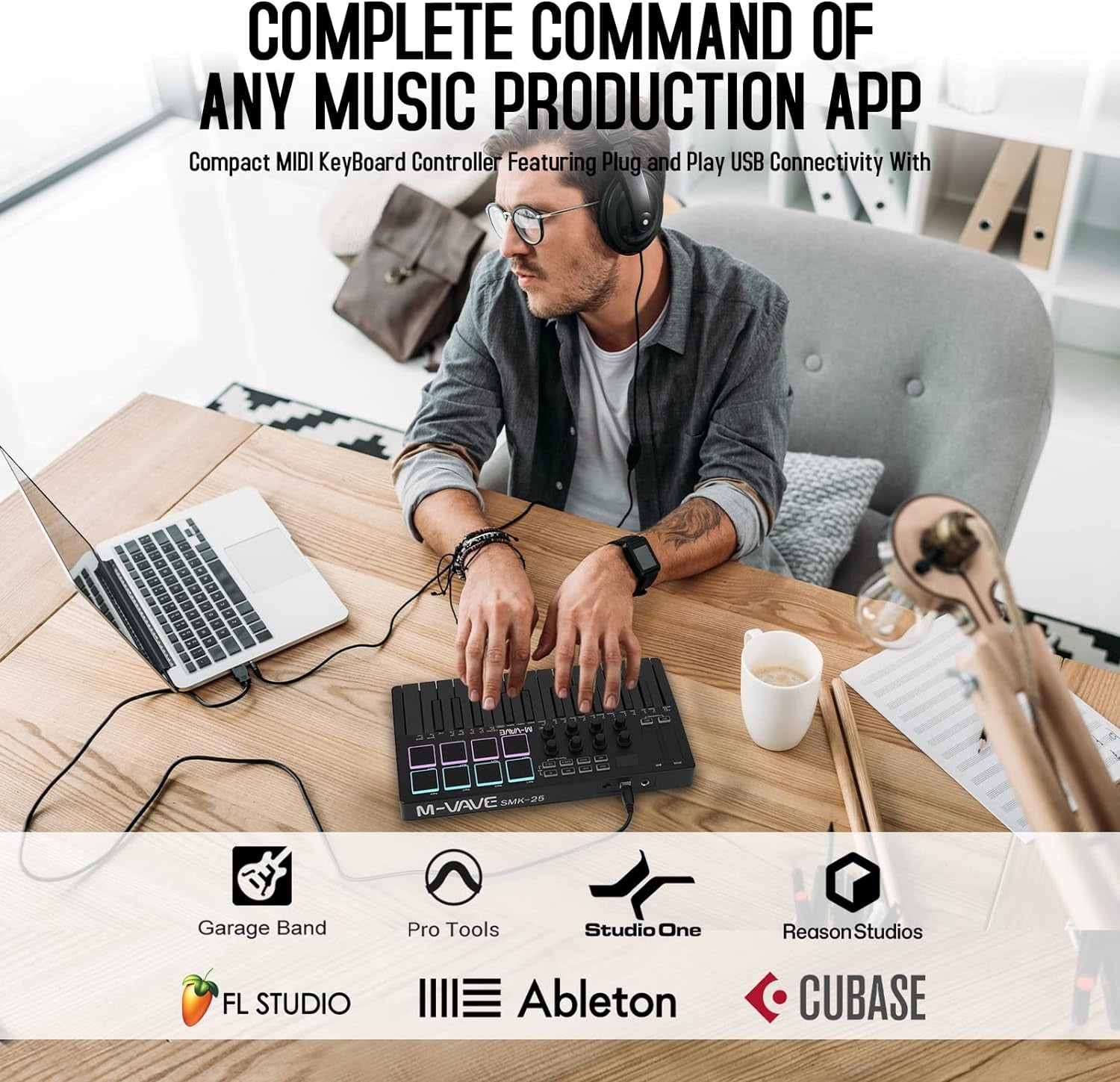 M-VAVE 25 Key USB MIDI Keyboard Controller with 8 Backlit Drum Pads, Bluetooth Semi Weighted Professional Dynamic Keybed 8 Knobs and Music Production,Software Included (Black)