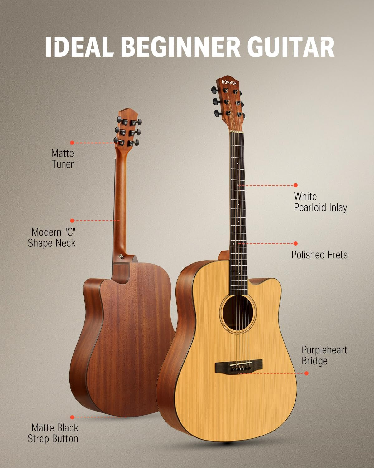 41” Acoustic Guitar Bundle for Beginners Adults with Online Lesson, 4/4 Full Size Steel Acustica Guitarra with Gig Bag, Tuner, Strap, Strings, Picks, Capos, Cutaway, Natural, DAG-1C/DAD-110C