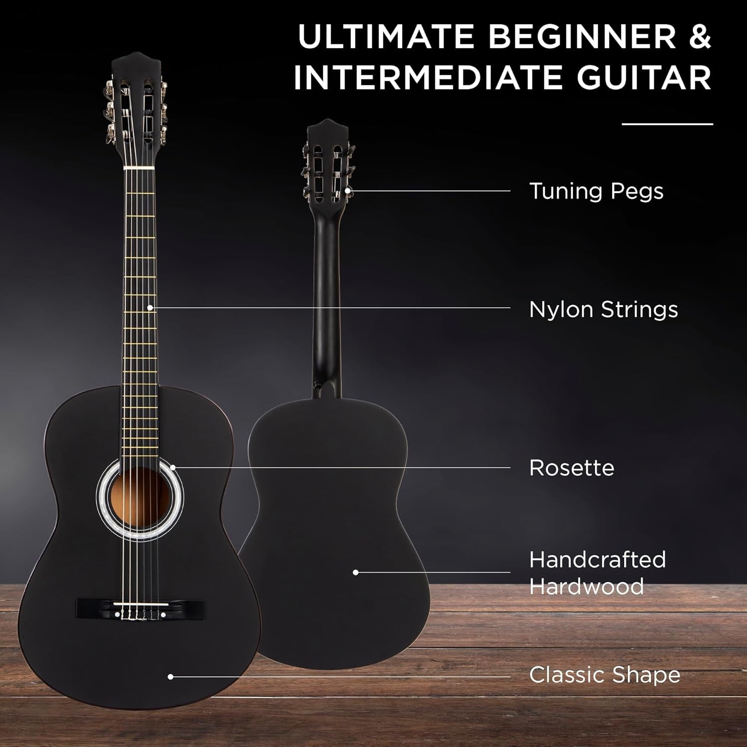 38In Beginner All Wood Acoustic Guitar Starter Kit W/Gig Bag, 6 Picks, Nylon Strings, Strap W/Pick Holder - Black