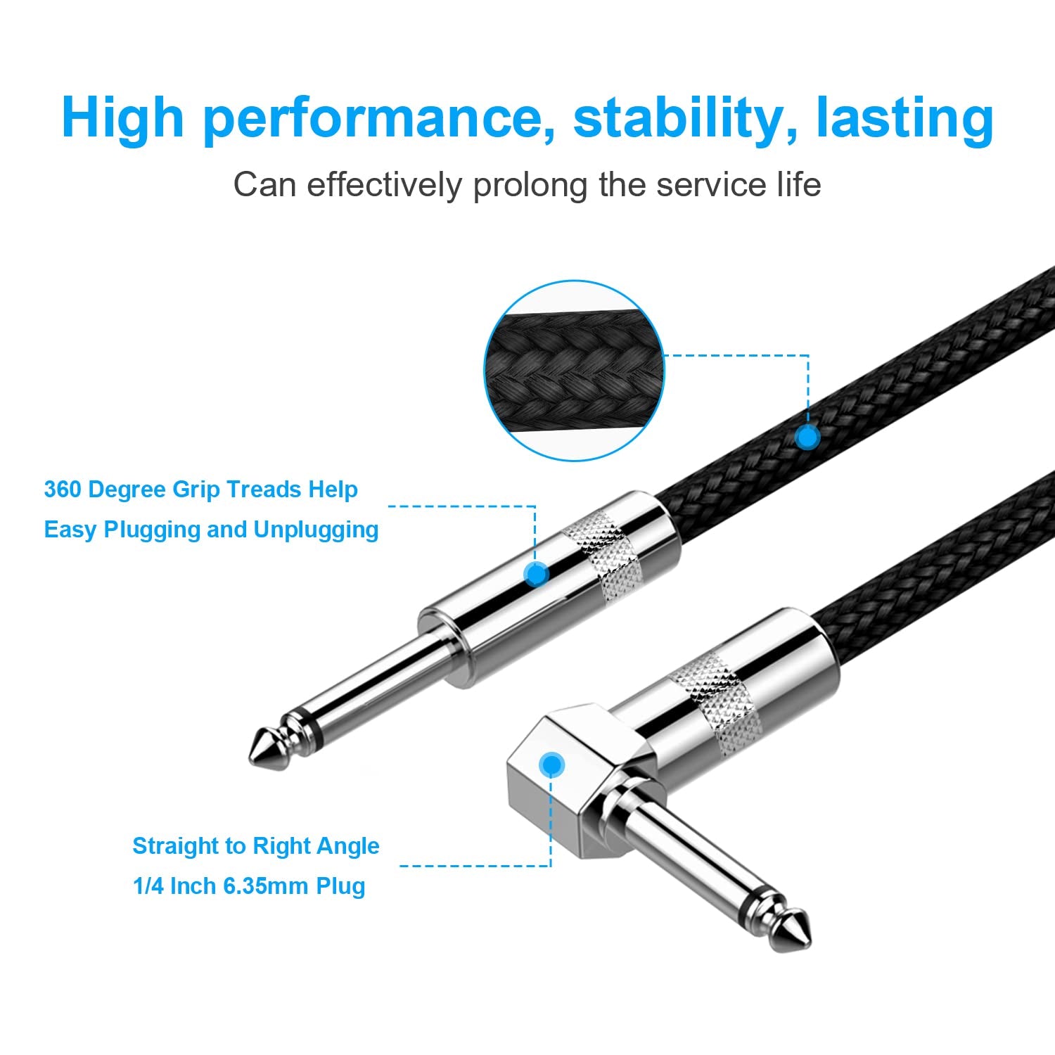 Guitar Cable 10Ft Electric Instrument Bass AMP Cord for Electric Mandolin, Pro Audio (Right Angle to Straight, Black)