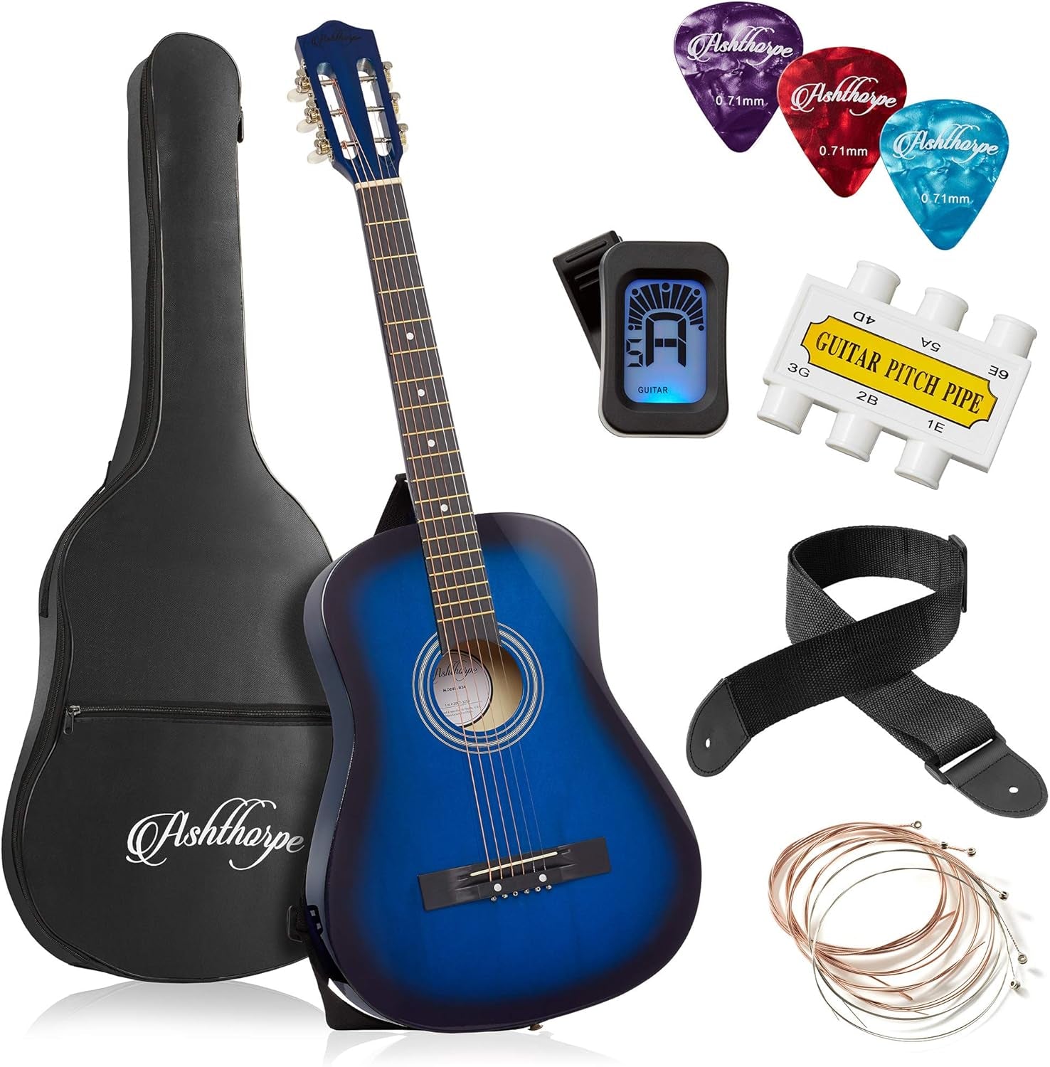 38-Inch Beginner Acoustic Guitar Package (Blue), Basic Starter Kit W/Gig Bag, Strings, Strap, Tuner, Pitch Pipe, Picks