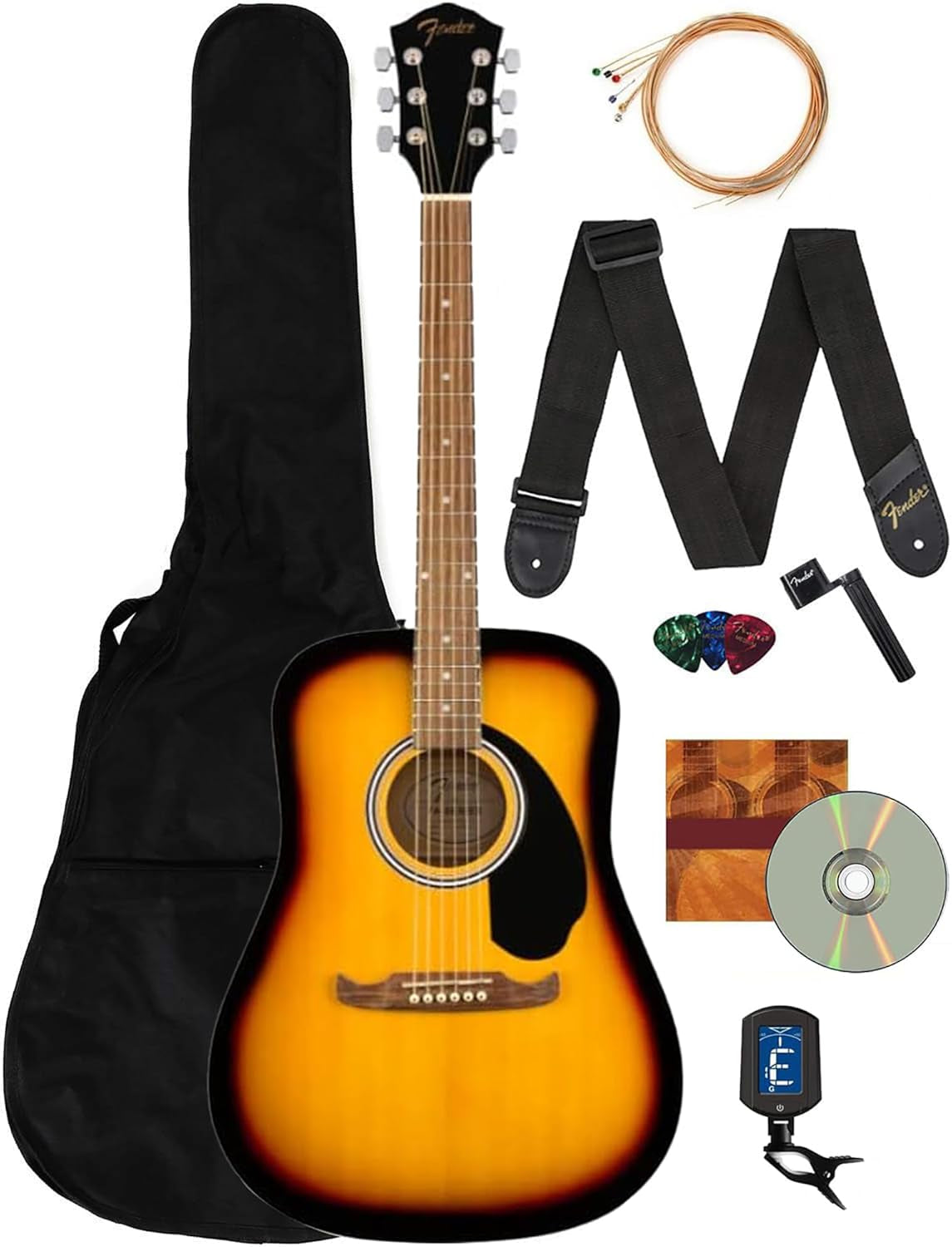 Dreadnought Acoustic Guitar - Sunburst Bundle with Gig Bag, Tuner, Strap, Strings, String Winder, Picks,  Play Online Lessons, and Austin Bazaar Instructional DVD