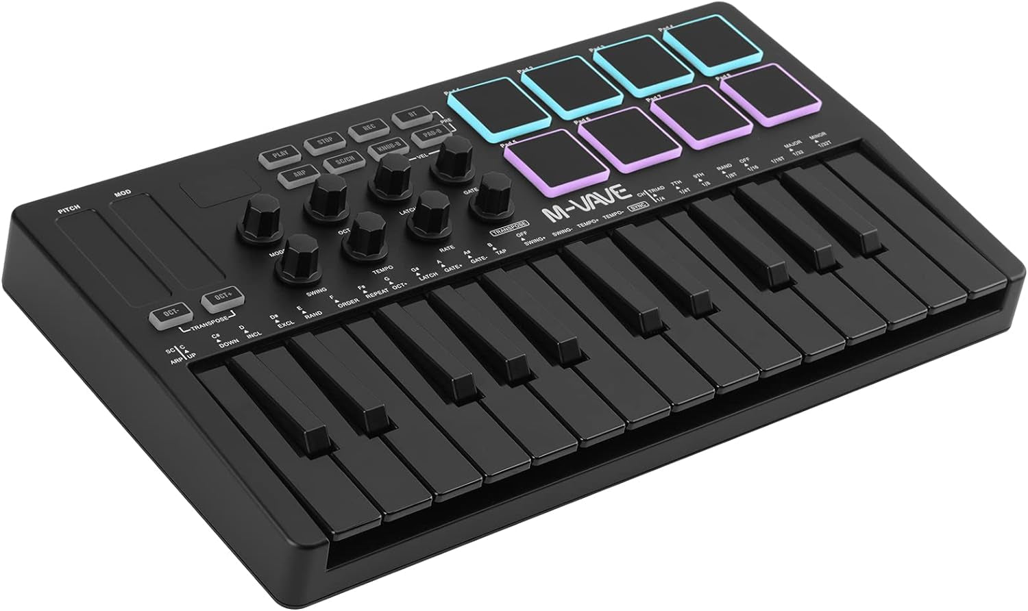 M-VAVE 25 Key USB MIDI Keyboard Controller with 8 Backlit Drum Pads, Bluetooth Semi Weighted Professional Dynamic Keybed 8 Knobs and Music Production,Software Included (Black)