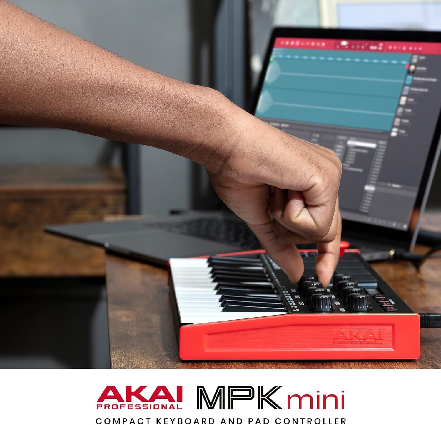 AKAI, 25 Key USB MIDI Keyboard Controller with 8 Drum Pads, 8 Assignable 360 Degree Knobs and Pro Software Suite Included, MPK Mini (MPKMINI3)