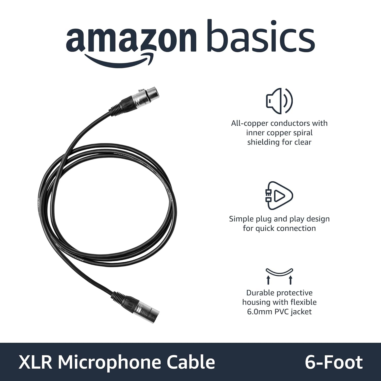 XLR Male to Female Microphone Cable for Speaker or PA System, All Copper Conductors, 6MM PVC Jacket, 6 Foot, Black