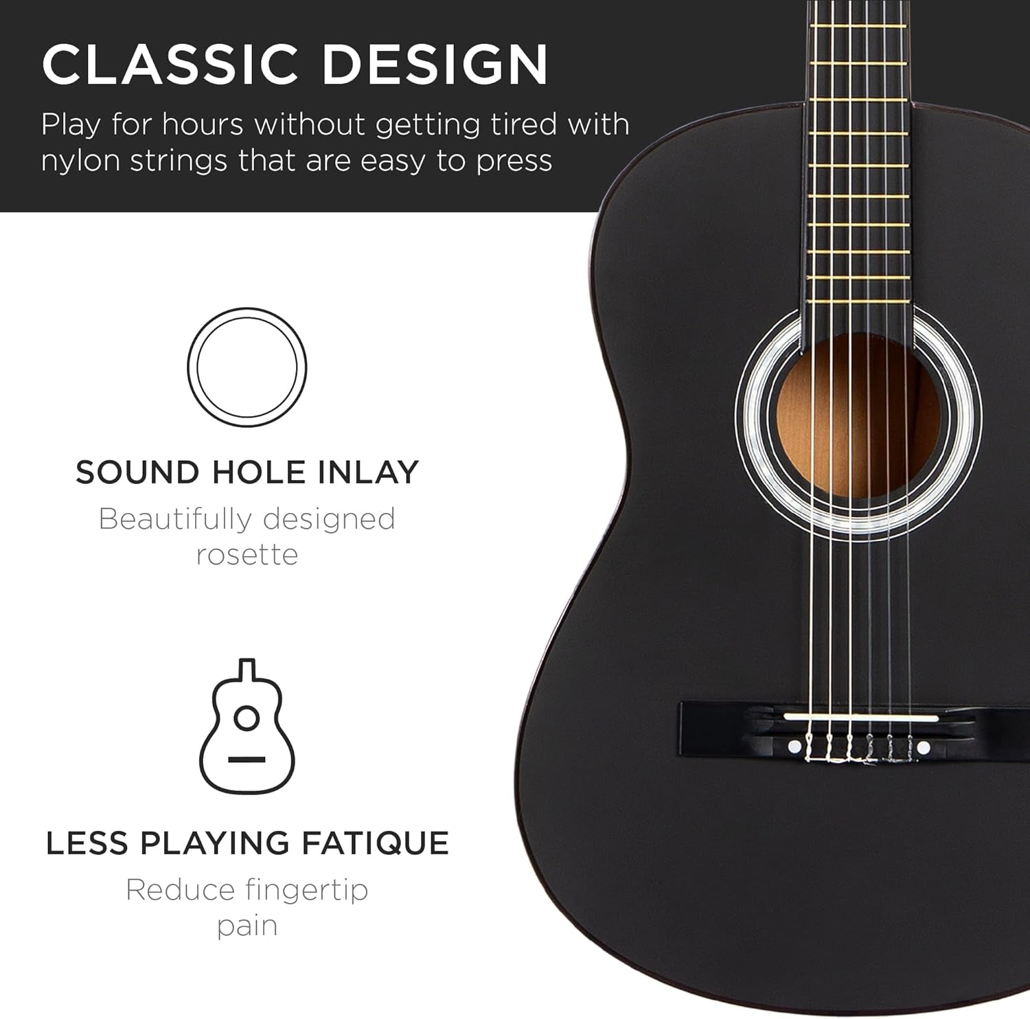 38In Beginner All Wood Acoustic Guitar Starter Kit W/Gig Bag, 6 Picks, Nylon Strings, Strap W/Pick Holder - Black