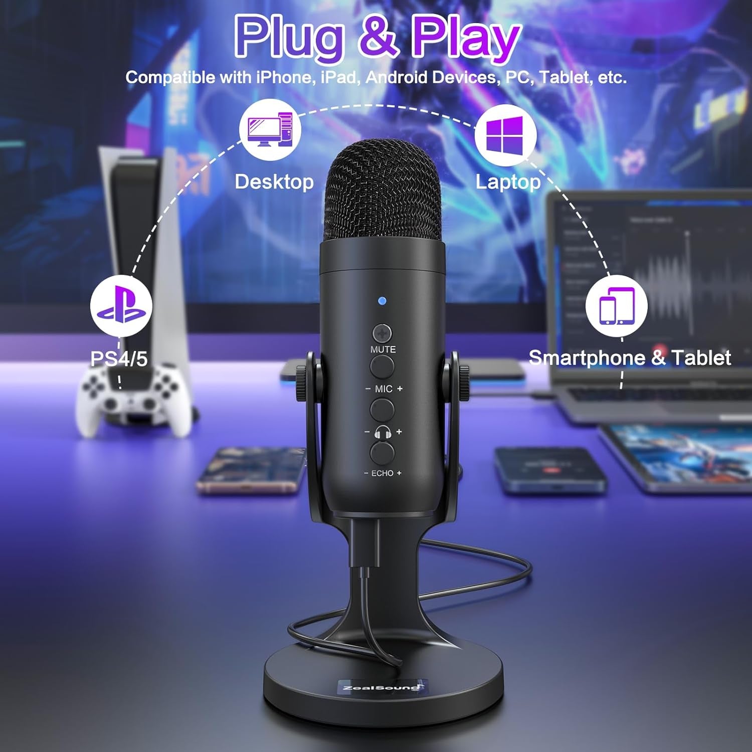 USB Microphone,Condenser Computer PC Mic,Plug&Play Gaming Microphones for PS 4&5.Headphone Output&Volume Control,Mic Gain Control,Mute Button Vocal,Youtube Podcast on Mac&Windows(Black)