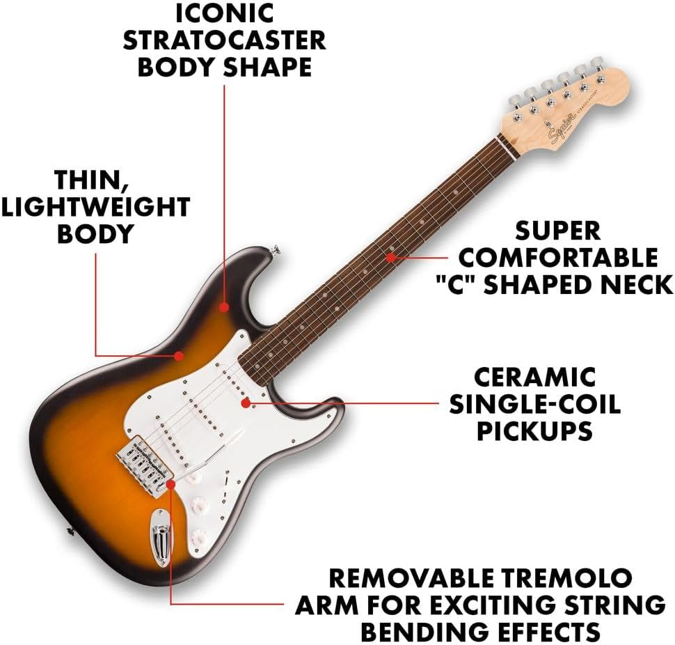 Squier Debut Series Stratocaster Electric Guitar, Beginner Guitar, with 2-Year Warranty, Includes Free Lessons, 2-Color Sunburst with Matte Finish