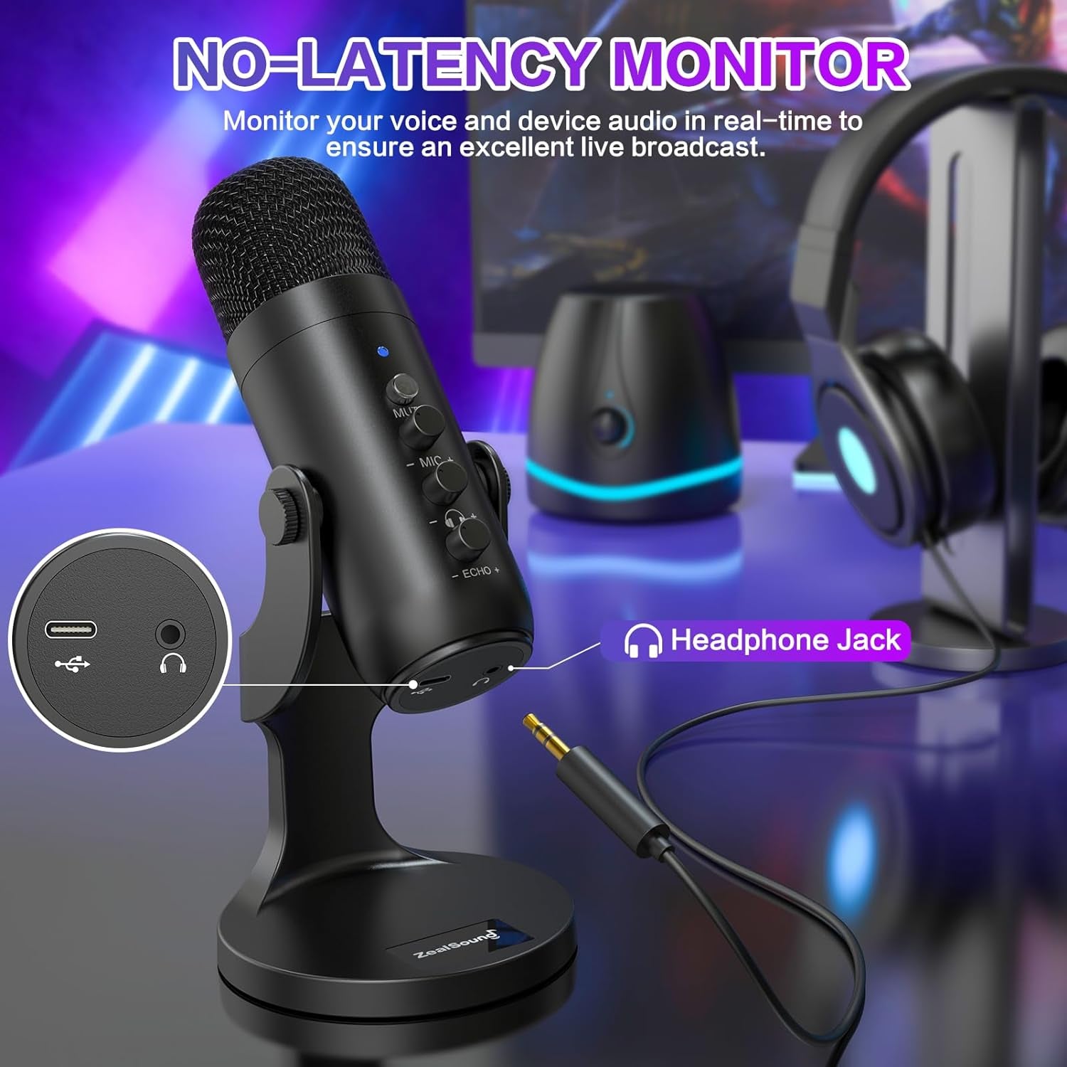 USB Microphone,Condenser Computer PC Mic,Plug&Play Gaming Microphones for PS 4&5.Headphone Output&Volume Control,Mic Gain Control,Mute Button Vocal,Youtube Podcast on Mac&Windows(Black)