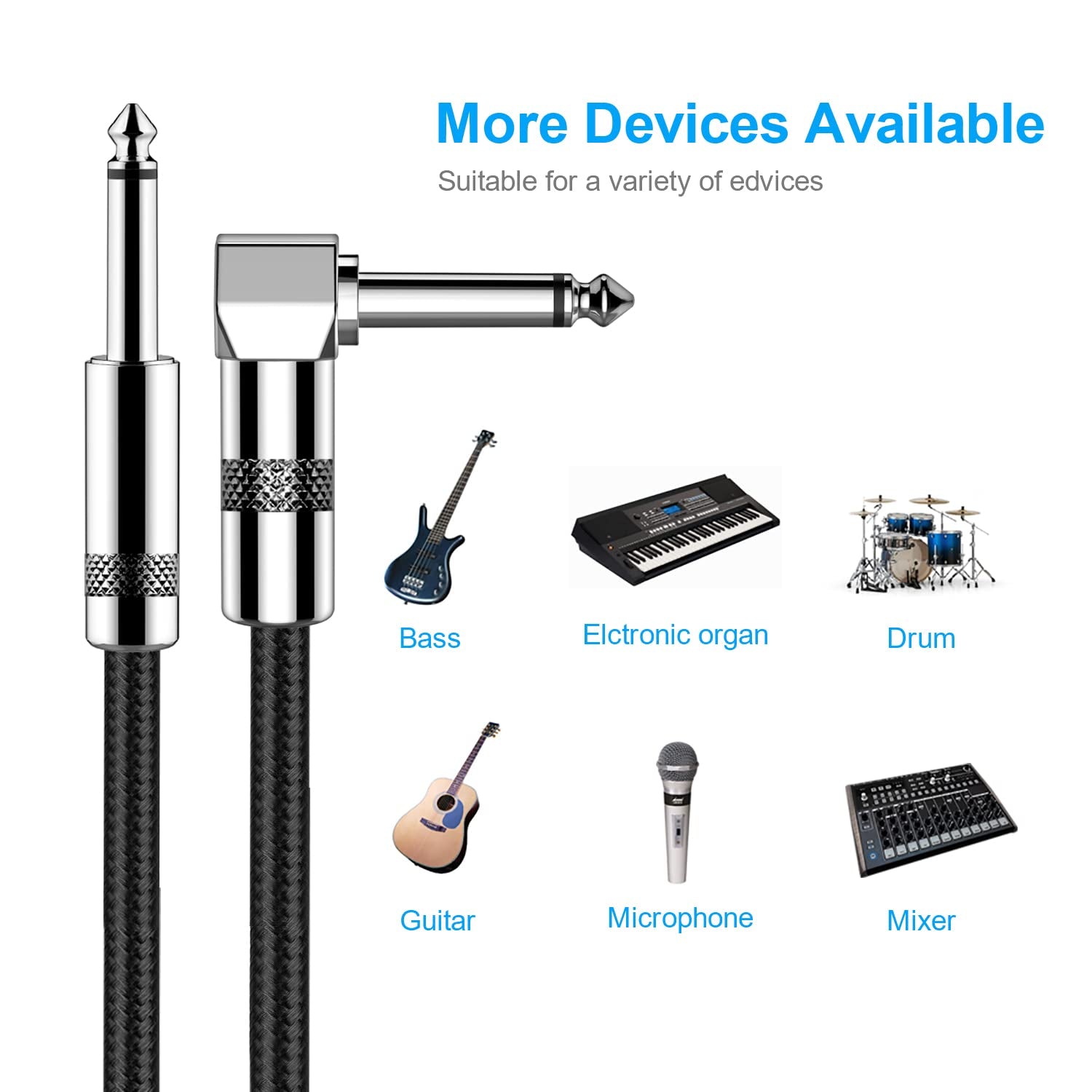 Guitar Cable 10Ft Electric Instrument Bass AMP Cord for Electric Mandolin, Pro Audio (Right Angle to Straight, Black)