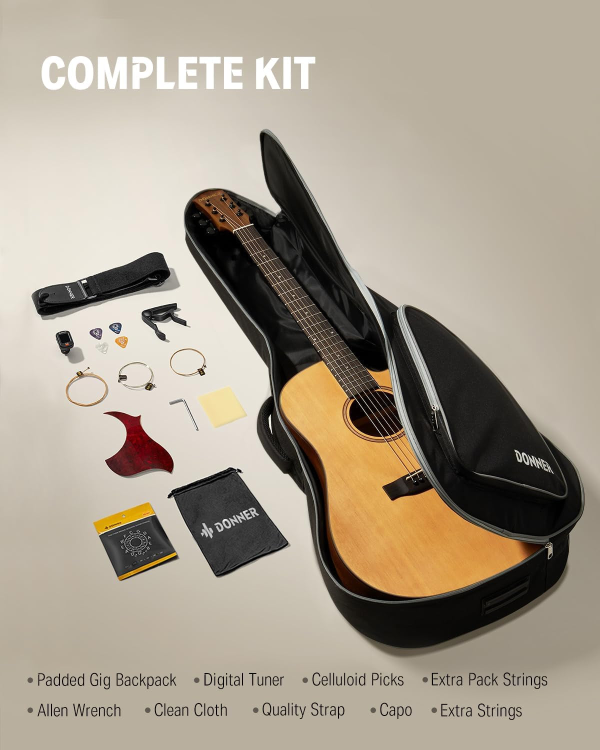41” Acoustic Guitar Bundle for Beginners Adults with Online Lesson, 4/4 Full Size Steel Acustica Guitarra with Gig Bag, Tuner, Strap, Strings, Picks, Capos, Cutaway, Natural, DAG-1C/DAD-110C