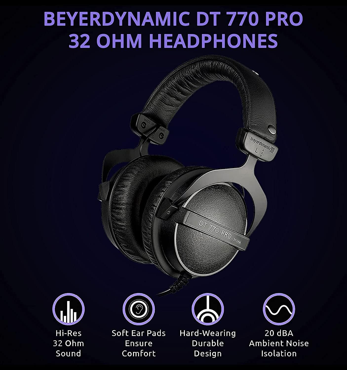 Beyerdynamic DT 770 PRO 32 Ohm Over-Ear Studio Headphones in Black Bundle 6' 3.5Mm Headphone Extension Cable, and Slappa Full-Sized Hardbody PRO Headphone Case