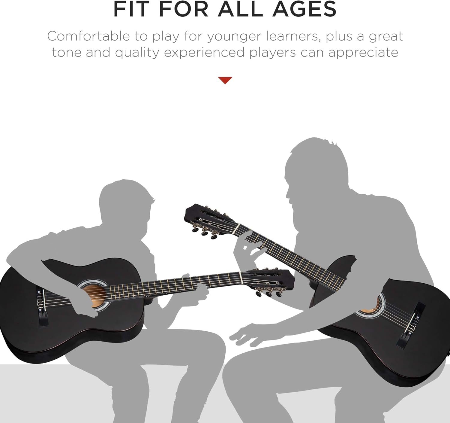 38In Beginner All Wood Acoustic Guitar Starter Kit W/Gig Bag, 6 Picks, Nylon Strings, Strap W/Pick Holder - Black