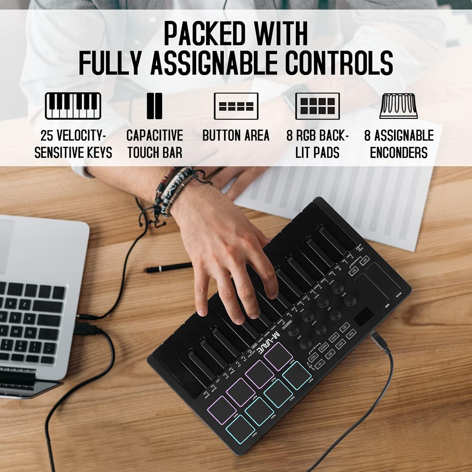 M-VAVE 25 Key USB MIDI Keyboard Controller with 8 Backlit Drum Pads, Bluetooth Semi Weighted Professional Dynamic Keybed 8 Knobs and Music Production,Software Included (Black)
