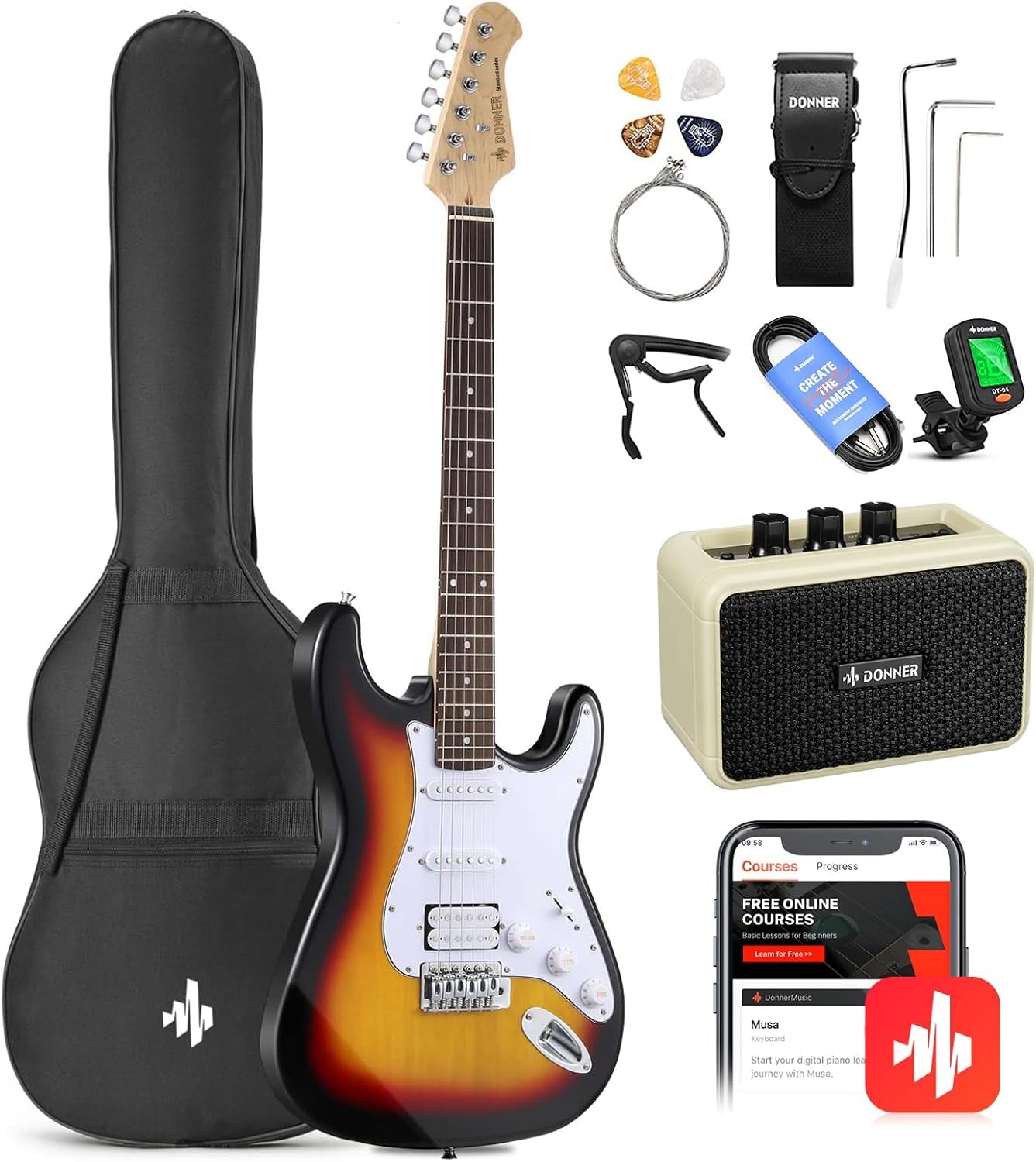 DST-100S 39 Inch Full Size Electric Guitar Kit Solid Body Sunburst, Beginner Starter, with Amplifier, Bag, Capo, Strap, String, Tuner, Cable, Picks