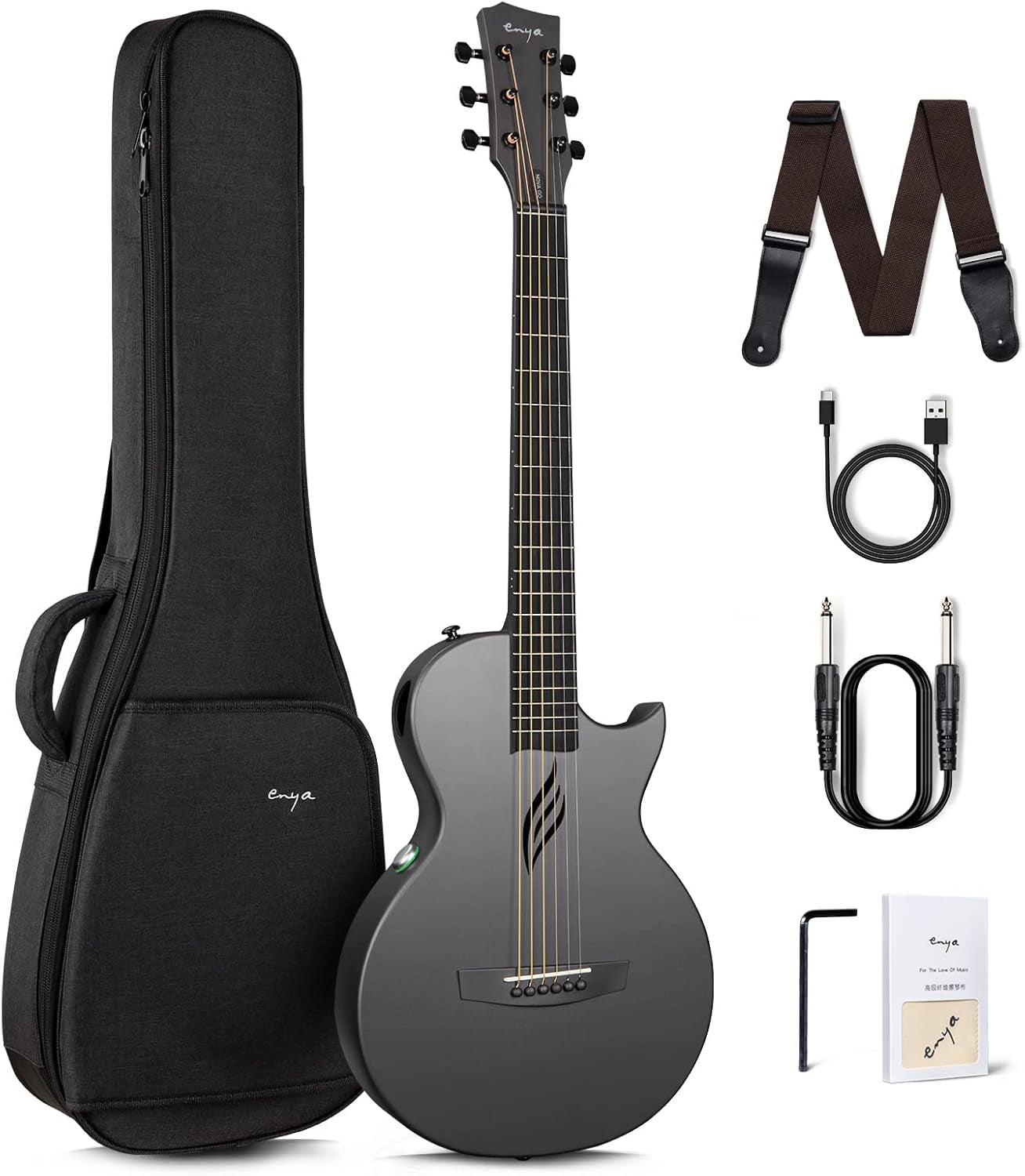 NOVA Go SP1 Carbon Fiber Acoustic Electric Guitar with Smart Acousticplus 35 Inch Travel Acustica Guitarra Starter Bundle Kit of Gig Bag, Strap, Strings, Charging Cable, Instrument Cable(Black)