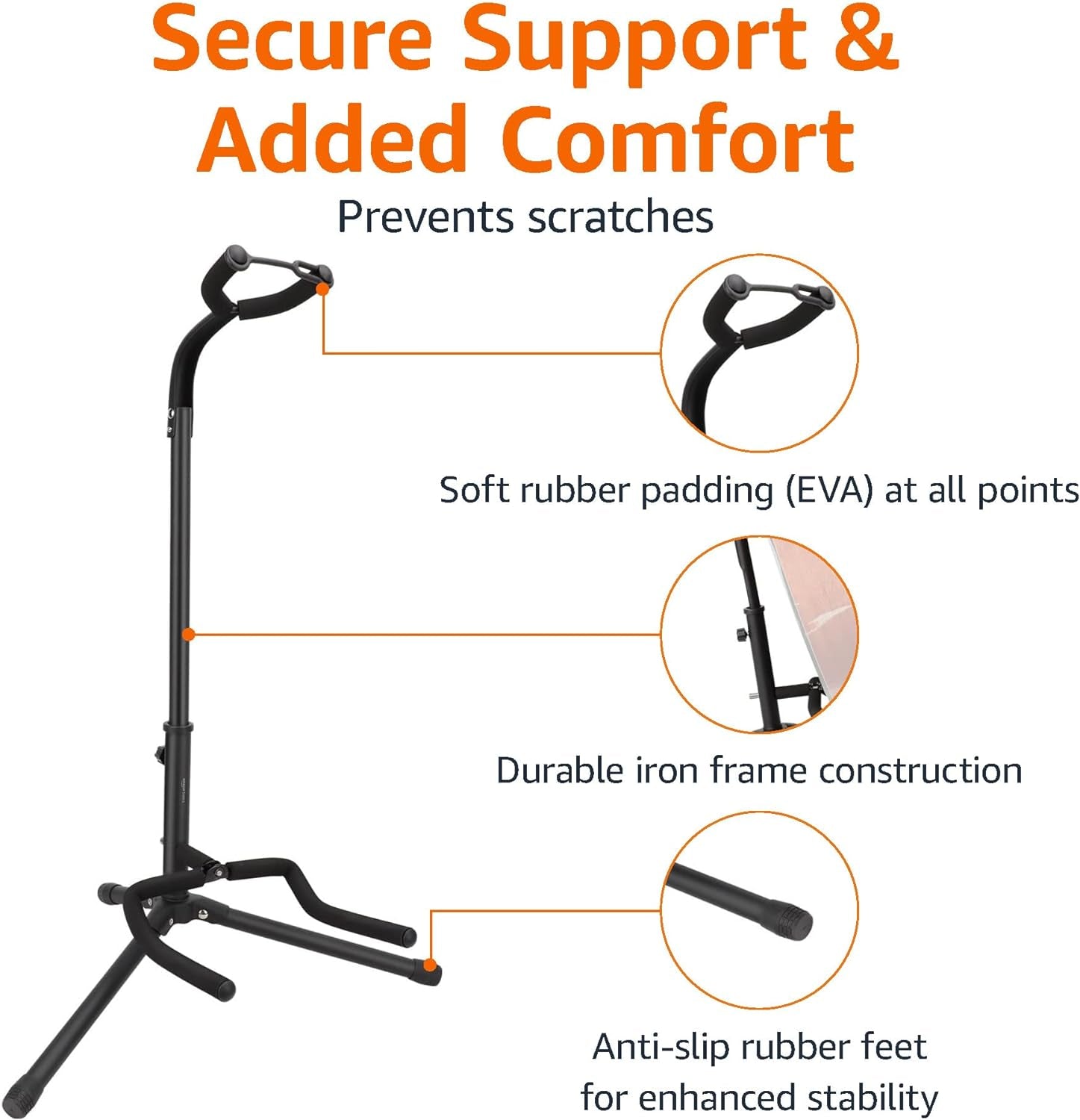 Guitar Stand, Neck Support - for Home, Music Stores, Recording Studios, Display & Storage, Black