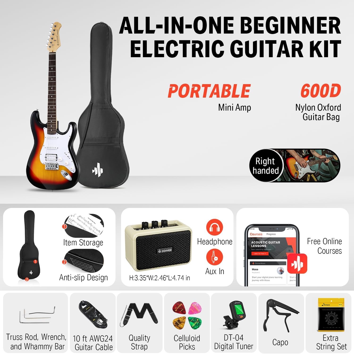 DST-100S 39 Inch Full Size Electric Guitar Kit Solid Body Sunburst, Beginner Starter, with Amplifier, Bag, Capo, Strap, String, Tuner, Cable, Picks