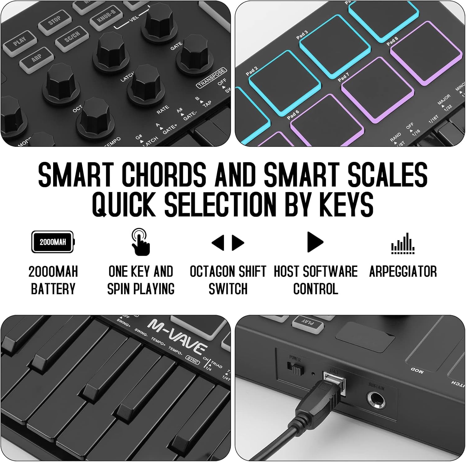 M-VAVE 25 Key USB MIDI Keyboard Controller with 8 Backlit Drum Pads, Bluetooth Semi Weighted Professional Dynamic Keybed 8 Knobs and Music Production,Software Included (Black)